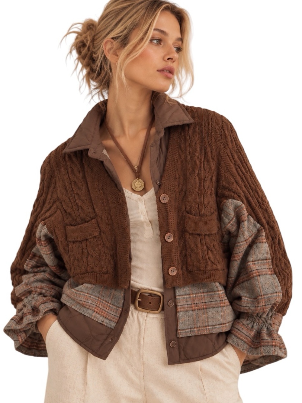 ETHAN N JOY Brown Cable Knit Plaid Quilted Layered Jacket Women’s Size Medium